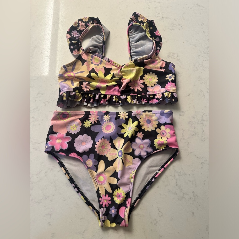 Cotton On Kids Bikini 2 Piece Swimsuit Size 9/10 9 10 Black Pink floral
